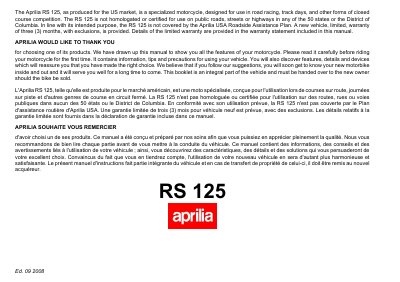 Aprilia RS 125 USA-CDN Owner's Manual - cover page