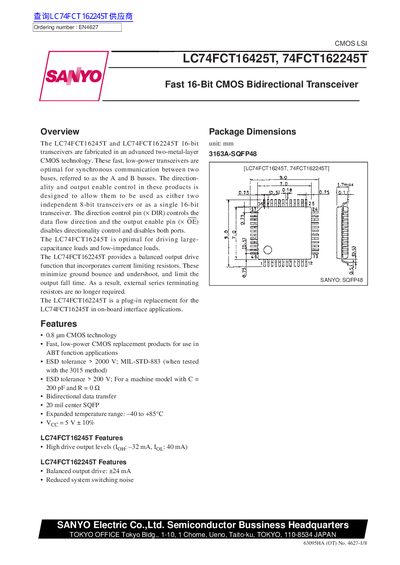 Sanyo LC74FCT16425T/74FCT162245T Fast 16-Bit CMOS Bidirectional Transceiver Datasheet - cover page