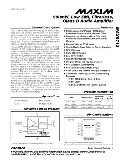 Maxim MAX9712 Class D Audio Amplifier Datasheet - cover page