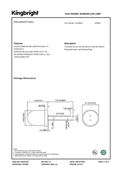 Kingbright L-816BGD Green Blinking LED Datasheet - cover page
