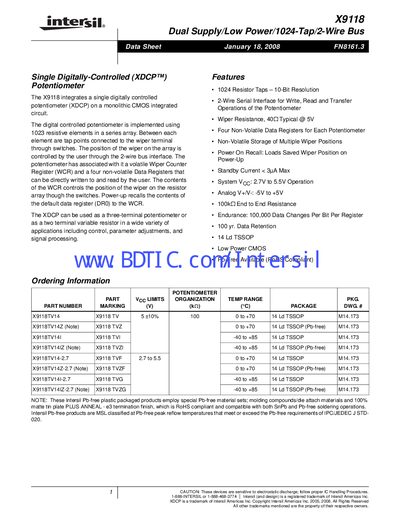 Intersil X9118 Digitally Controlled Potentiometer Datasheet - cover page