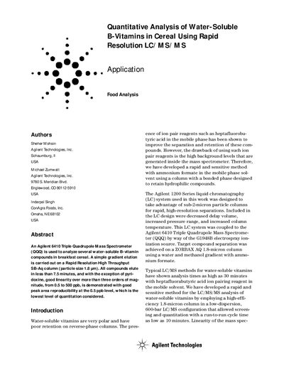 Agilent 6410 Quantitative Analysis of Water-Soluble B-Vitamins in Cereal Using Rapid Resolution LC/MS/MS Application Not - cover page