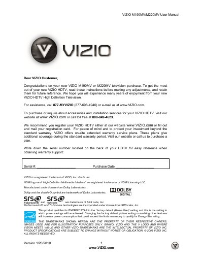 VIZIO M190MV/M220MV HDTV User Manual - cover page