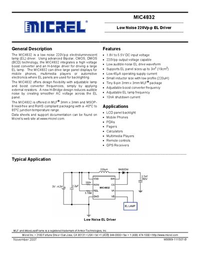 Micrel MIC4832 Low Noise 220Vp-p EL Driver Handbook - cover page