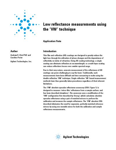 Agilent Cary 6000i Low Reflectance Measurements Using the VW Technique Application Note - cover page