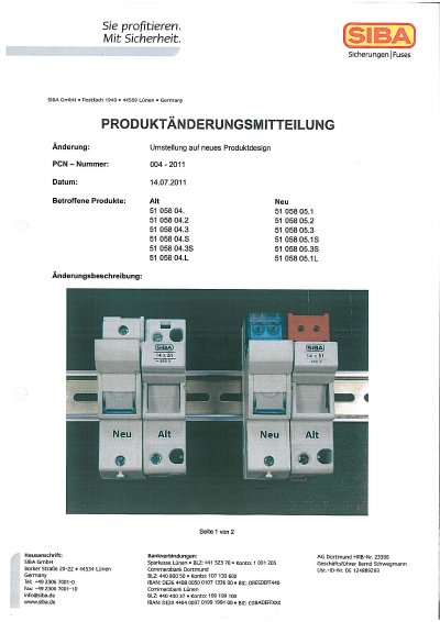 SIBA 51 058 05.2 Fuse Product Change Notice - cover page