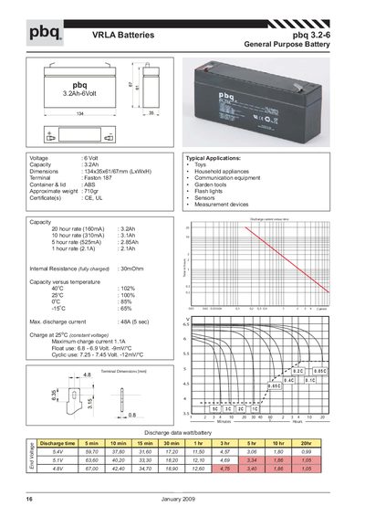 PBQ VRLA 3.2-6 Battery Datasheet