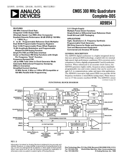 Analog Devices AD9854 CMOS 300 MHz Quadrature Complete‑DDS Datasheet - cover page