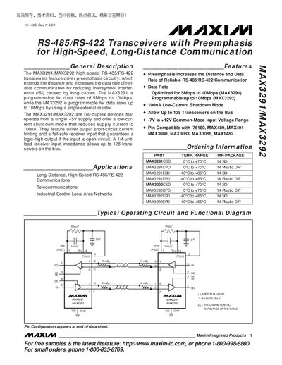 Maxim MAX3291/MAX3292 RS-485/RS-422 Transceiver Datasheet - cover page
