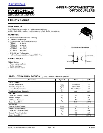 Fairchild FOD817 Series 4-PIN PH OTOTRANSISTOR OPTOCOUPLERS Datasheet - cover page