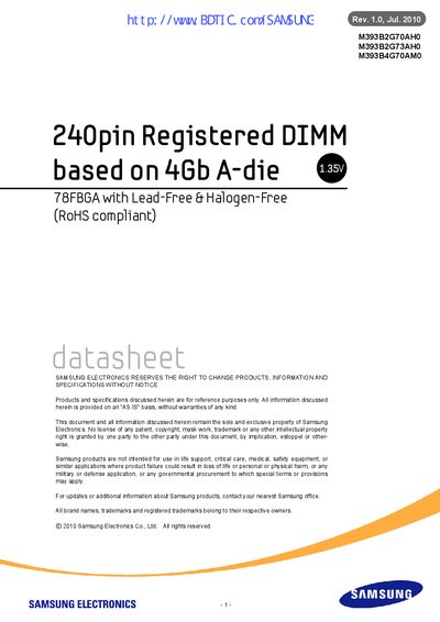 Samsung M393B2G70AH0 DDR3L Registered DIMM Handbook - cover page