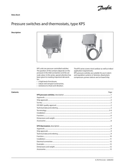 Danfoss KPS Pressure Switch and Thermostat Data Sheet - cover page