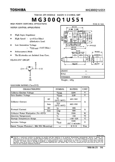 Toshiba MG300Q1US51 IGBT Module Datasheet - cover page