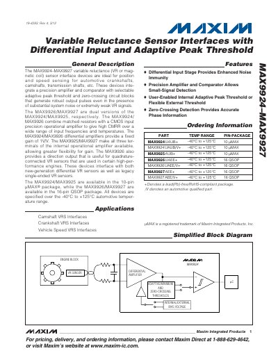 Maxim MAX9924–MAX9927 Variable Reluctance Sensor Interface Datasheet - cover page
