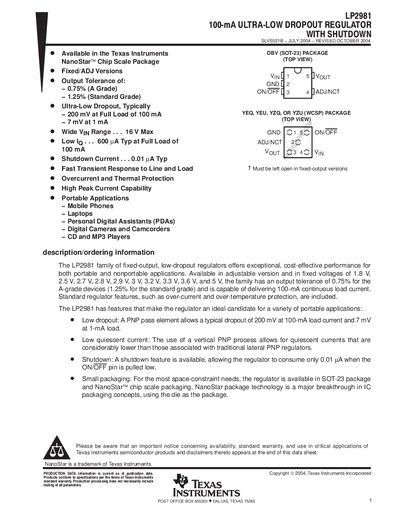 Texas Instruments LP2981 Ultra-Low Dropout Regulator Datasheet - cover page