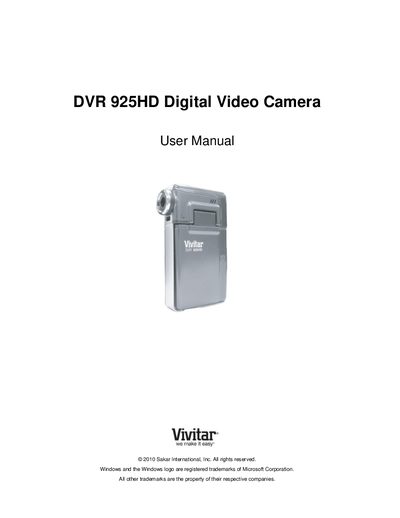 Vivitar DVR 925HD Digital Video Camera User Manual - cover page