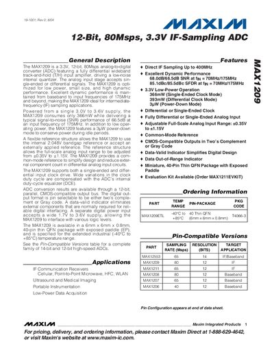 Maxim MAX1209 12‑Bit 80Msps 3.3V IF‑Sampling ADC Datasheet - cover page