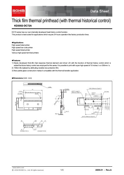 ROHM KD3002-DC72A Thermal Printhead Data Sheet - cover page