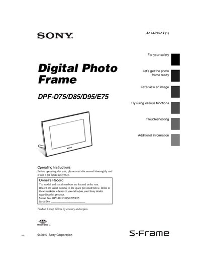 Sony DPF-D75/D85/D95/E75 Digital Photo Frame User Manual