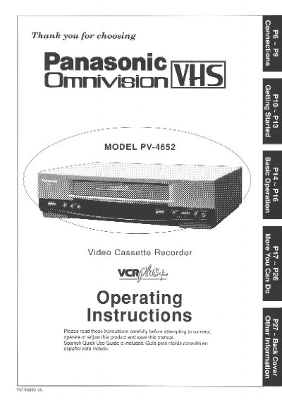 Panasonic PV-4652 VCR Operating Instructions - cover page