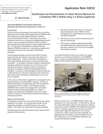 Agilent Identification Characterization of a Novel Delivery Molecule for a Clandestine PDE-5 Inhibitor Drug in a Dietary Supplement Application Note - cover page