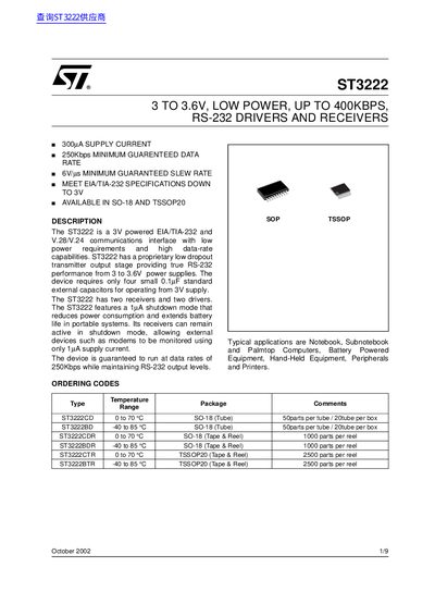STMicroelectronics ST3222 RS-232 Drivers and Receivers Datasheet - cover page