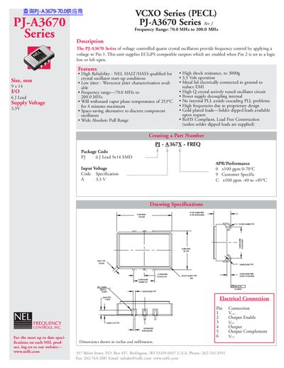 NEL PJ-A3670 Series Voltage Controlled Quartz Crystal Oscillator Datasheet - cover page