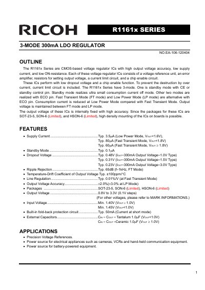 Ricoh R1161x Series LDO Regulator Datasheet - cover page