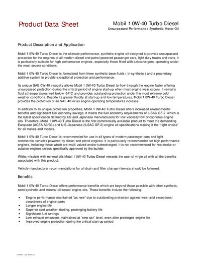 Mobil 0W-40 Turbo Diesel Synthetic Motor Oil Data Sheet - cover page