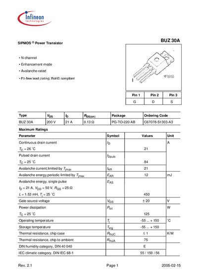 Infineon BUZ30A Power Transistor Datasheet - cover page