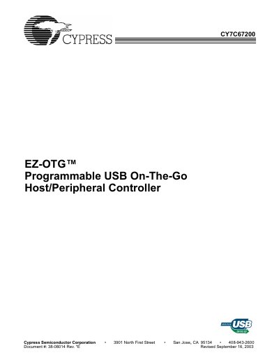 Cypress CY7C67200 EZ-OTG Programmable USB On-The-Go Host/Peripheral Controller Datasheet - cover page