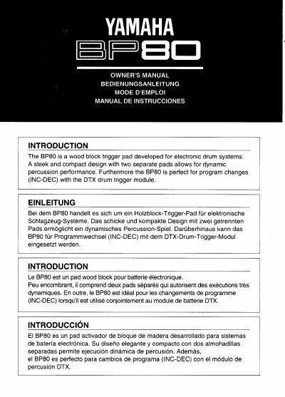 Yamaha BP80 Wood Block Trigger Pad Owner's Manual - cover page