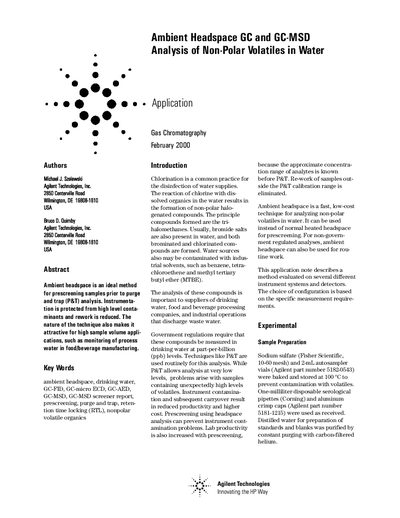 Ambient Headspace GC and GC-MSD Analysis of Non-Polar Volatiles in Water Application Note - cover page