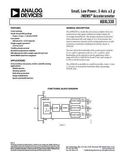 Analog Devices ADXL330 3-Axis Accelerometer Datasheet - cover page