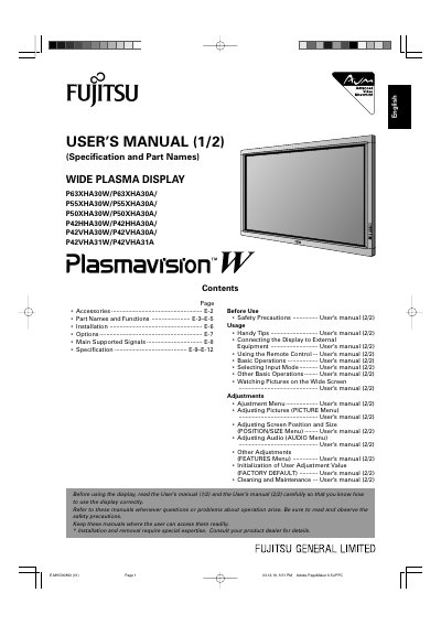 Fujitsu Wide Plasma Display P63XHA30W/P55XHA30W/P50XHA30W/P42HHA30W/P42VHA30W/P42VHA31W User's Manual - cover page