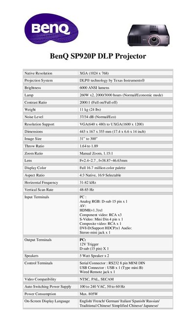 BenQ SP920P DLP Projector User Manual