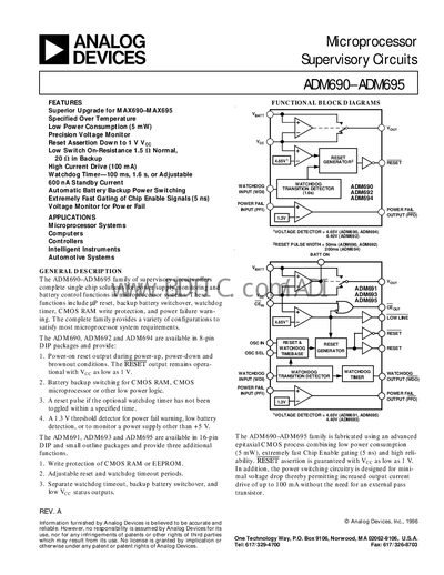 Analog Devices ADM690-ADM695 Supervisory Circuits Datasheet - cover page