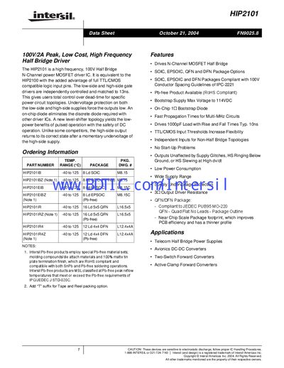 Intersil HIP2101 Half Bridge Driver Datasheet - cover page