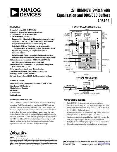Analog Devices AD8192 HDMI/DVI Switch Products Handbook - cover page