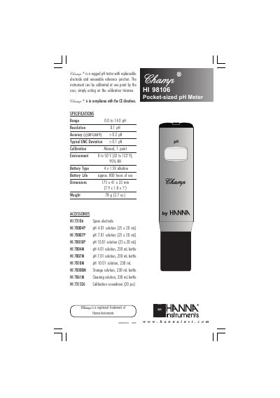 Hanna Instruments HI 98106 Pocket-sized pH Meter User Manual - cover page
