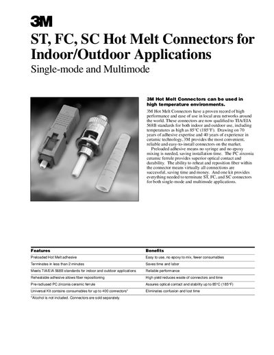 3M ST FC SC Hot Melt Connectors Indoor/Outdoor Applications Manual - cover page