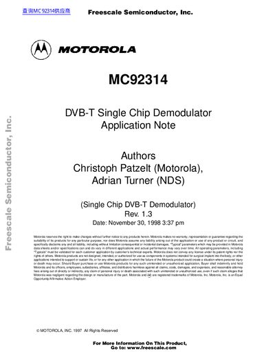 Freescale MC92314 Single Chip DVB-T Demodulator Application Note - cover page