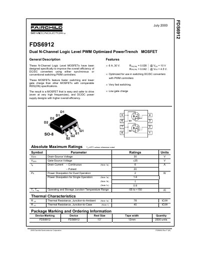 Fairchild FDS6912 Dual N-Channel Logic Level MOSFET Datasheet - cover page