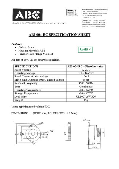 Alan Butcher Components ABI-004-RC Piezo Indicator Specification Sheet - cover page