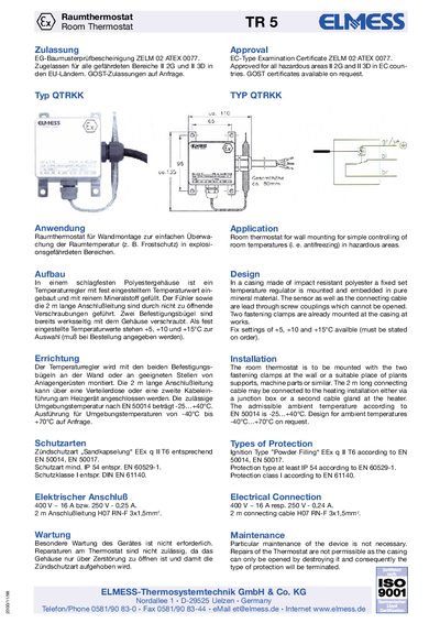 ELMESS QTRKK Room Thermostat Product Data Sheet - cover page