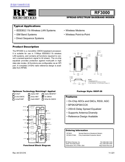 RF Micro Devices RF3000 Spread-Spectrum Baseband Modem Datasheet