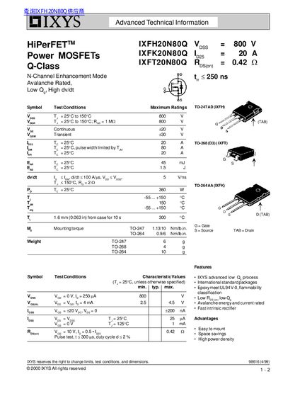 IXYS IXFH20N80Q/IXFK20N80Q/IXFT20N80Q HiPerFET Power MOSFET Datasheet