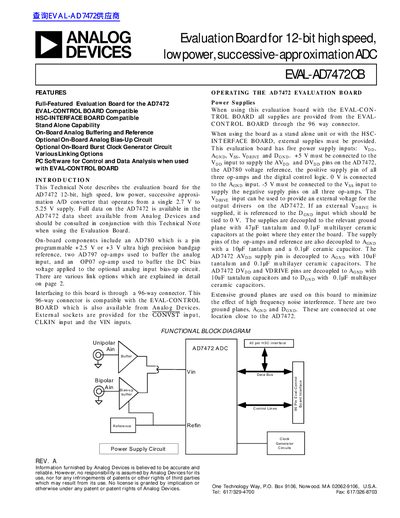 Analog Devices EVAL-AD7472CB Evaluation Board Technical Note - cover page