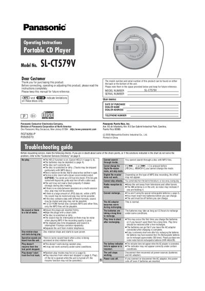 Panasonic SL-CT579V Portable CD Player Operating Instructions - cover page