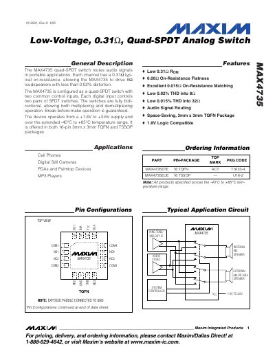Maxim MAX4735 Low-Voltage 0.31 Ω Quad‑SPDT Analog Switch Datasheet - cover page